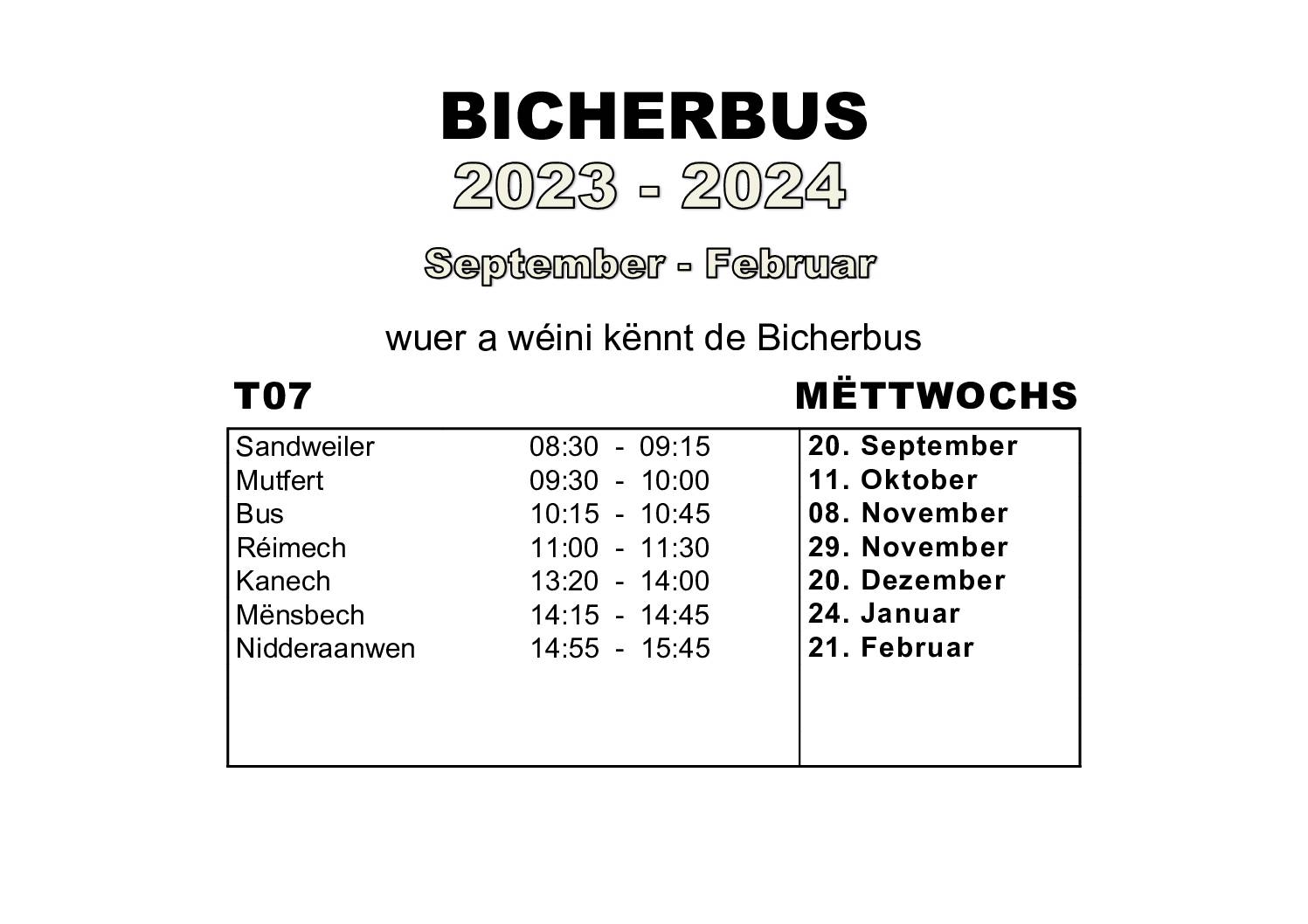 Kalenner "Bicherbus" vum September 2023 - Februar 2024 - Site: parking terrain de football à Canach