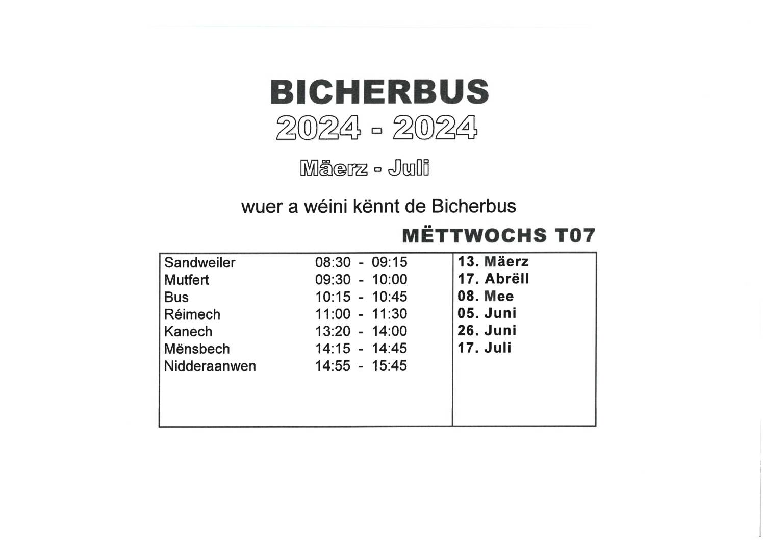 Kalenner "Bicherbus" vum Mäerz 2024 – Juli 2024 – Site: parking terrain de football à Canach
