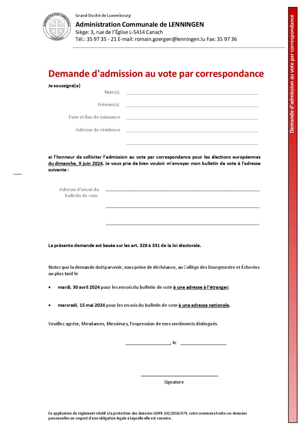 Formulaire de demande de vote par correspondance pour les élections européennes du 9 juin 2024
