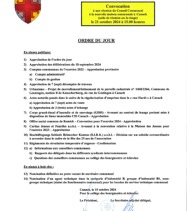 Gemengerotssëtzung vum 21. Oktober 2024 / Séance du conseil communal du 21 octobre 2024