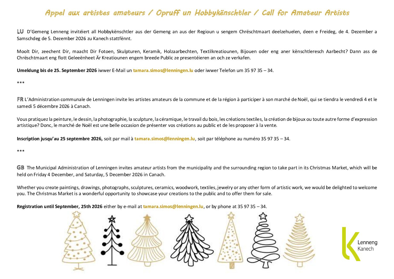 Appel aux artistes amateurs dans le cadre de l’organisation du marché de Noël les 4 et 5 décembre 2026 à Canach