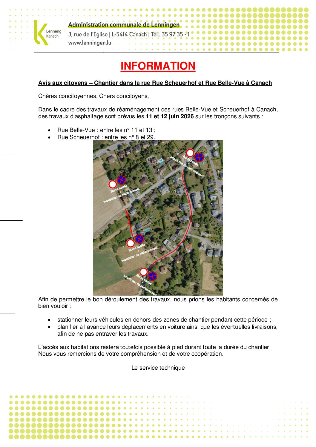 Avis au public : travaux d’asphaltage dans les rues Scheuerhof et Bellevue à Canach les 11 et 12 juin 2026