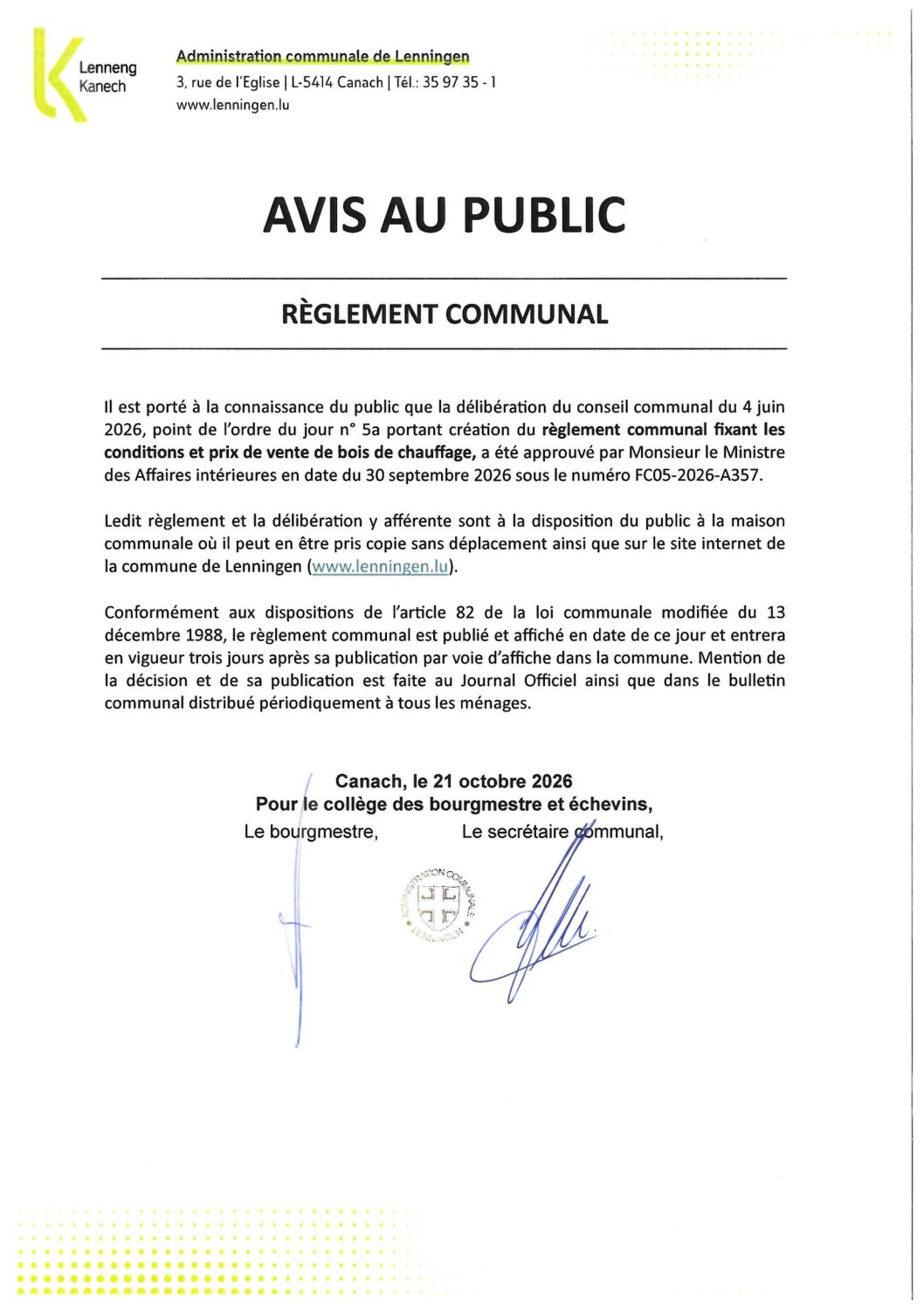 Avis au public: Approbation et entrée en vigueur du règlement communal du 4 juin 2026 fixant les conditions et les prix de vente de bois de chauffage