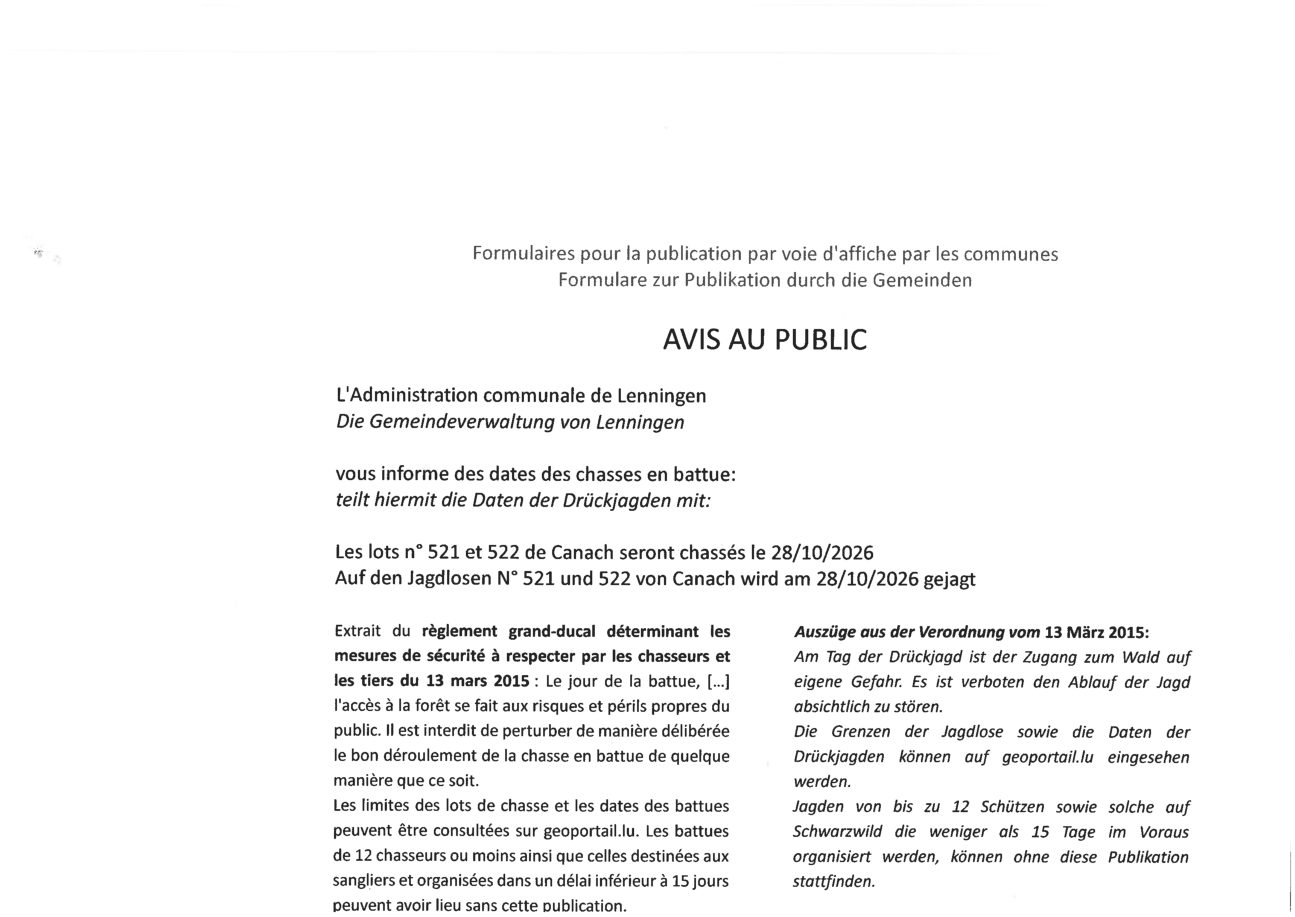 Avis relatif à la chasse en battue du 28/10/2026 – Lots de chasse n° 521 et 522