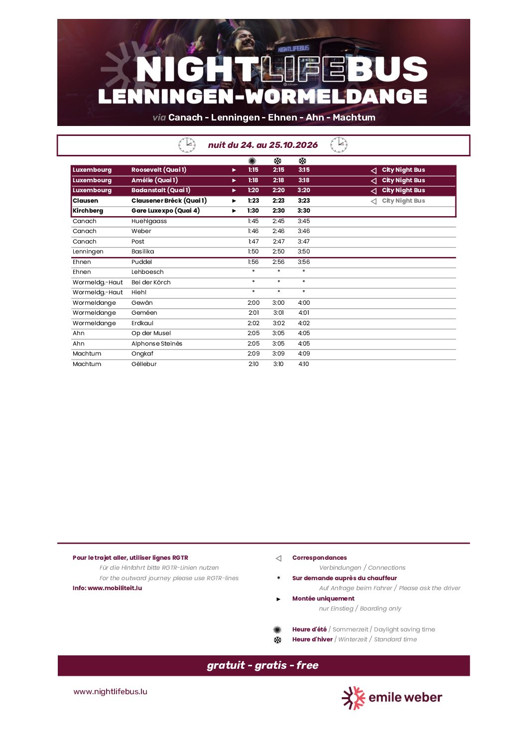 Horaires du Nightlifebus pendant la nuit du 24 au 25 octobre 2026 (passage à l’heure d’hiver)