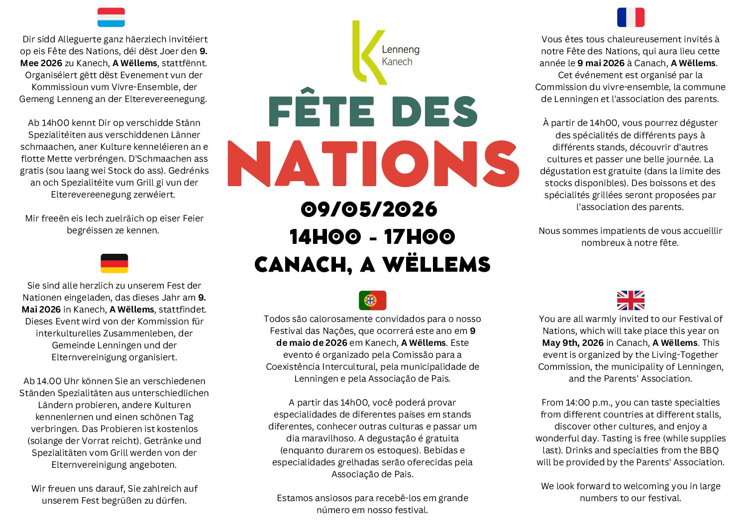 Invitatioun zum Europalaf an zu der Fête des Nations vum 09. Mee 2026 zu Kanech