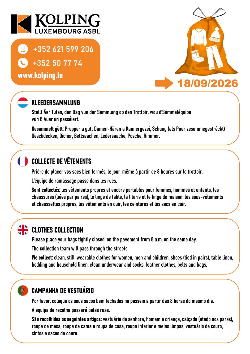 Collecte de vêtements le vendredi 18 septembre 2026