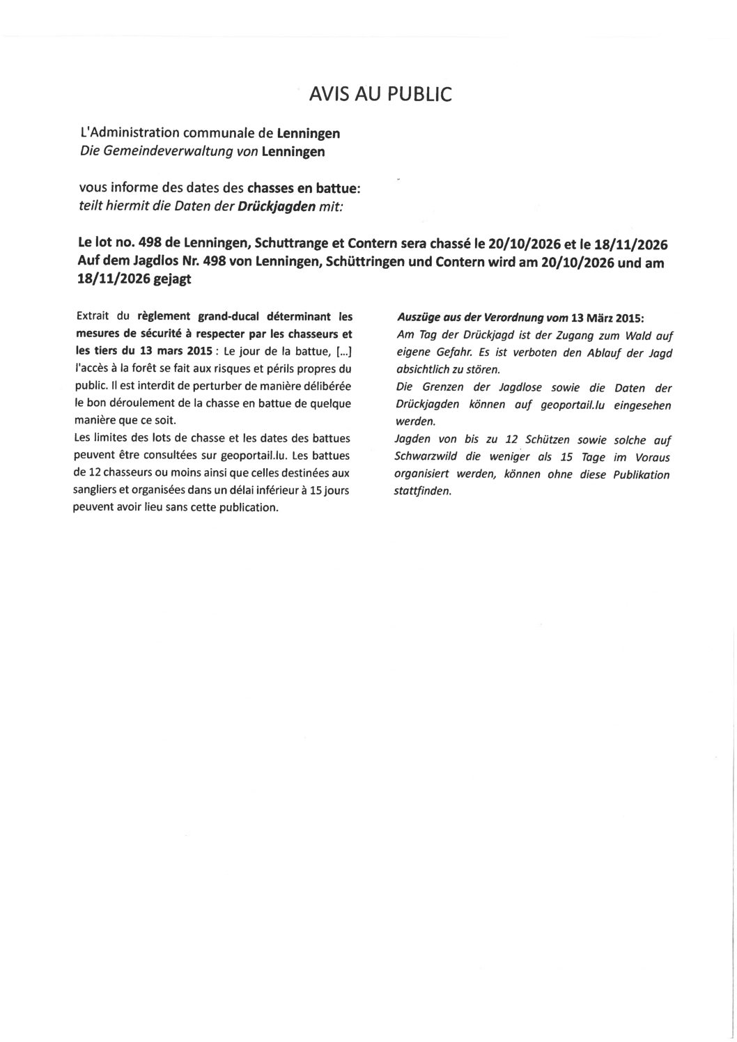 Avis relatif aux chasses en battue du 20/10/2026 et du 18/11/2026 – Lot de chasse n° 498