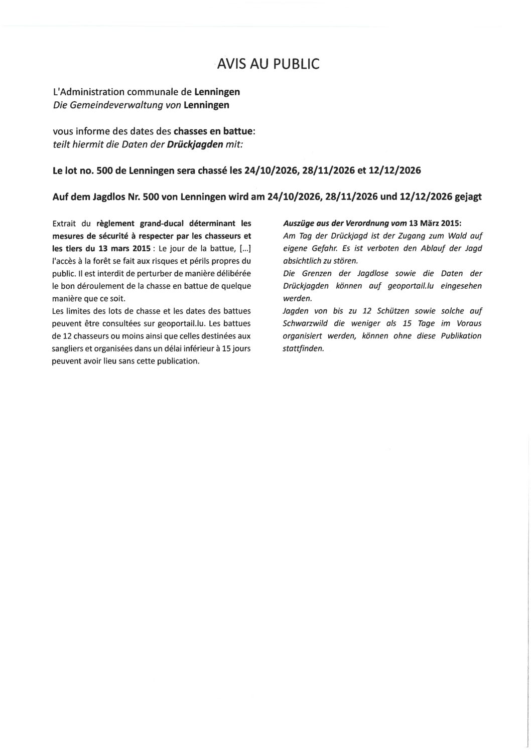 Avis relatif aux chasses en battue des 24/10/2026, 28/11/2026 et 12/12/2026 – Lot de chasse n° 500