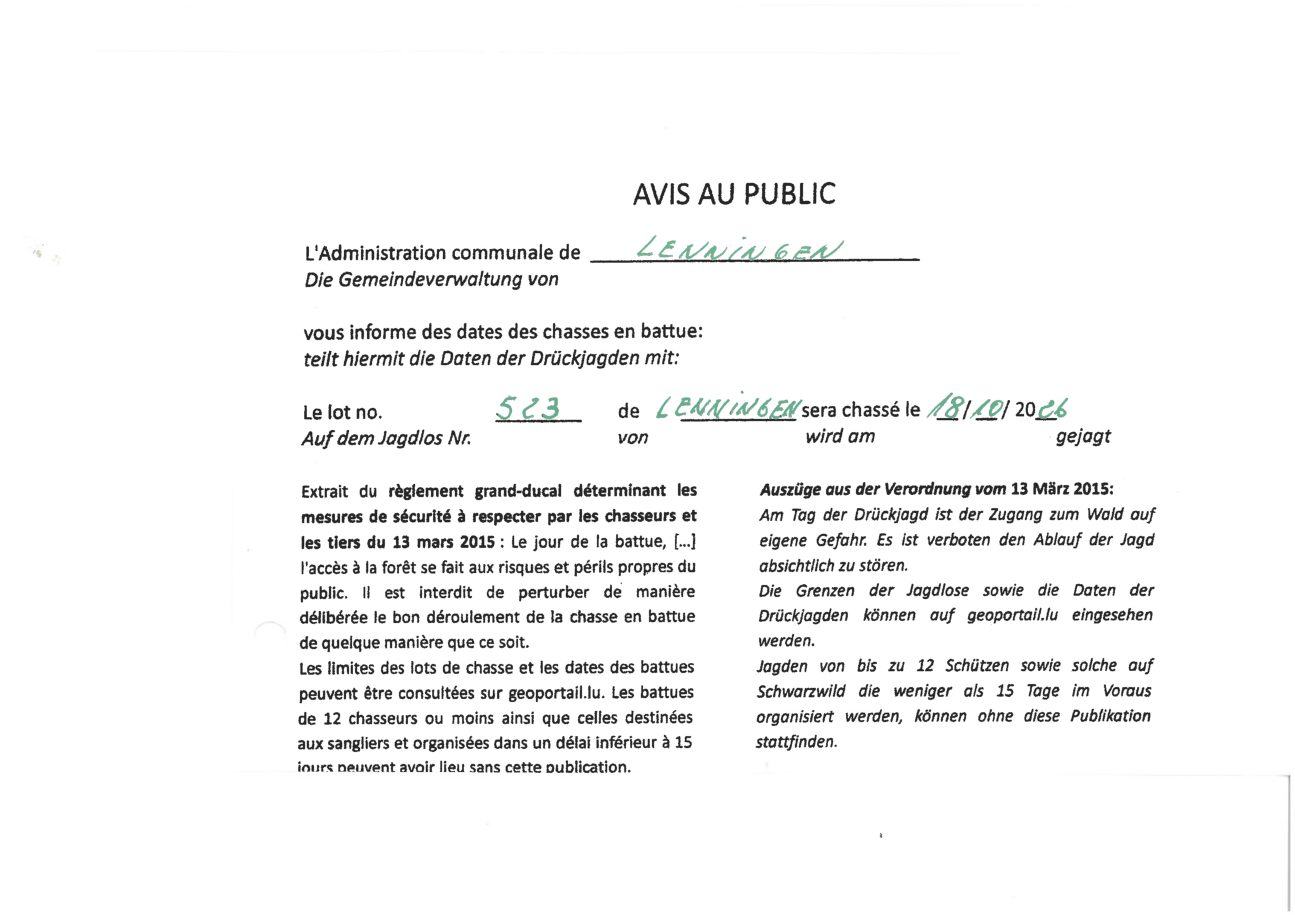 Avis relatif à la chasse en battue du 18/10/2026 – Lot de chasse n° 523