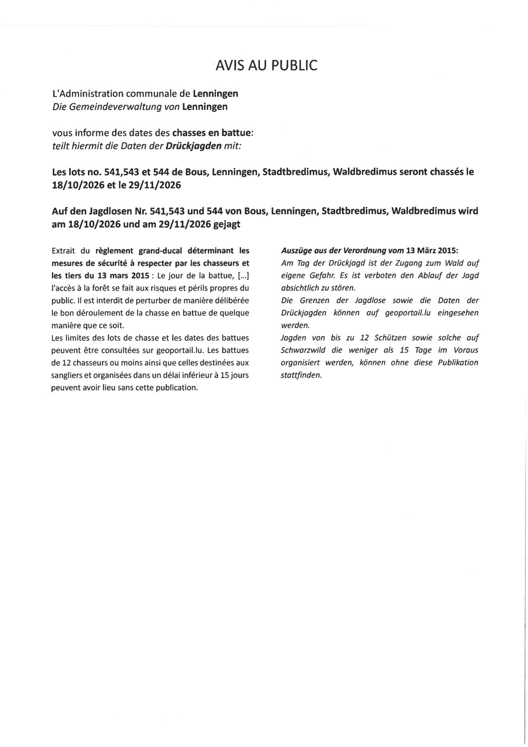 Avis relatif aux chasses en battue du 18/10/2026 et du 29/11/2026 – Lots de chasse n° 541, 543 et 544