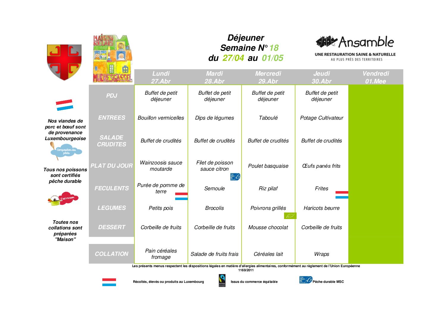 Menus de la Maison Relais « Mueresgässel » du 27 avril 2026 jusqu’au 19 juin 2026