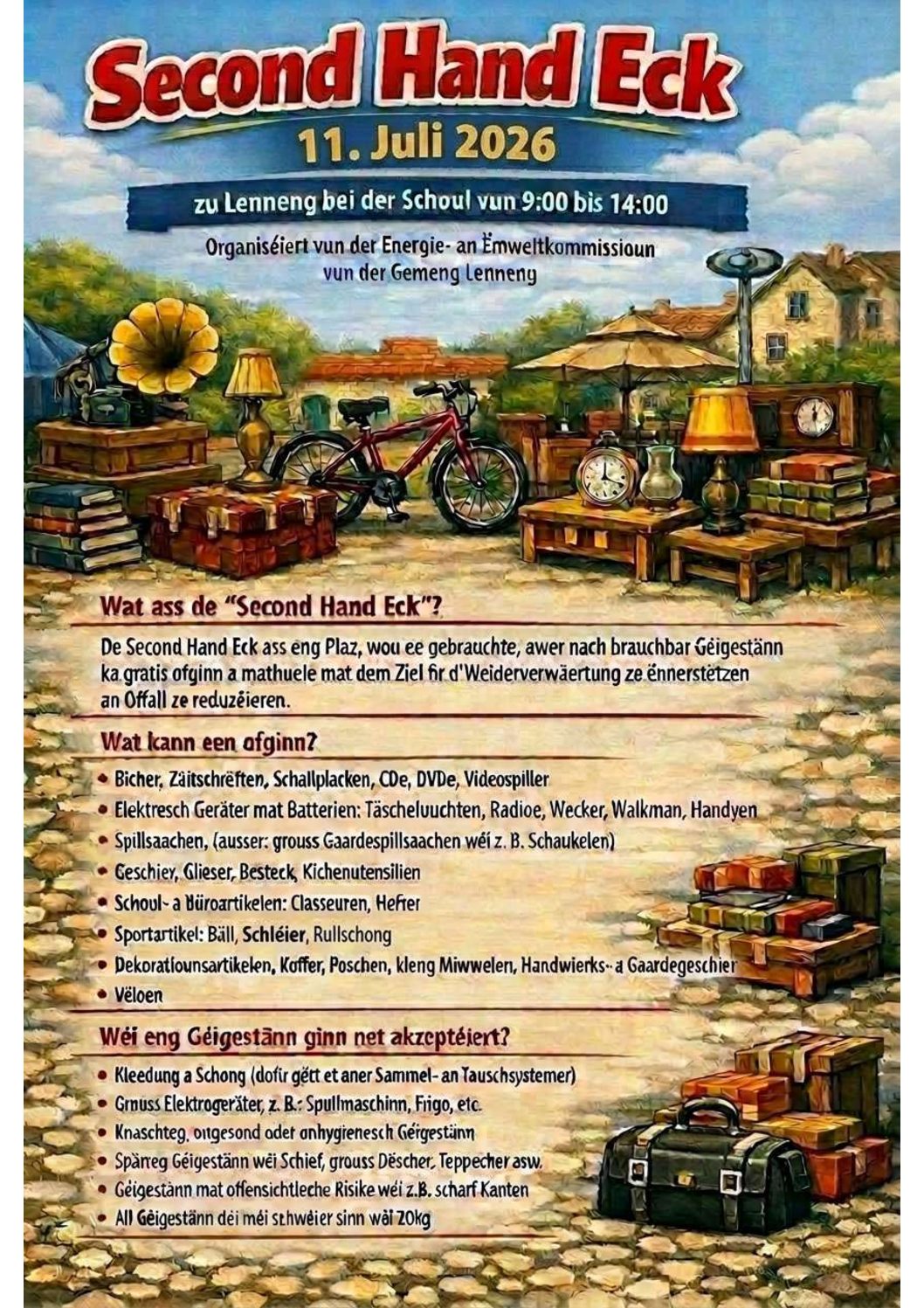 Invitation à participer à la 2ᵉ édition du Second Hand Eck, organisée dans le cadre du Repair Café à Lenningen le 11 juillet 2026