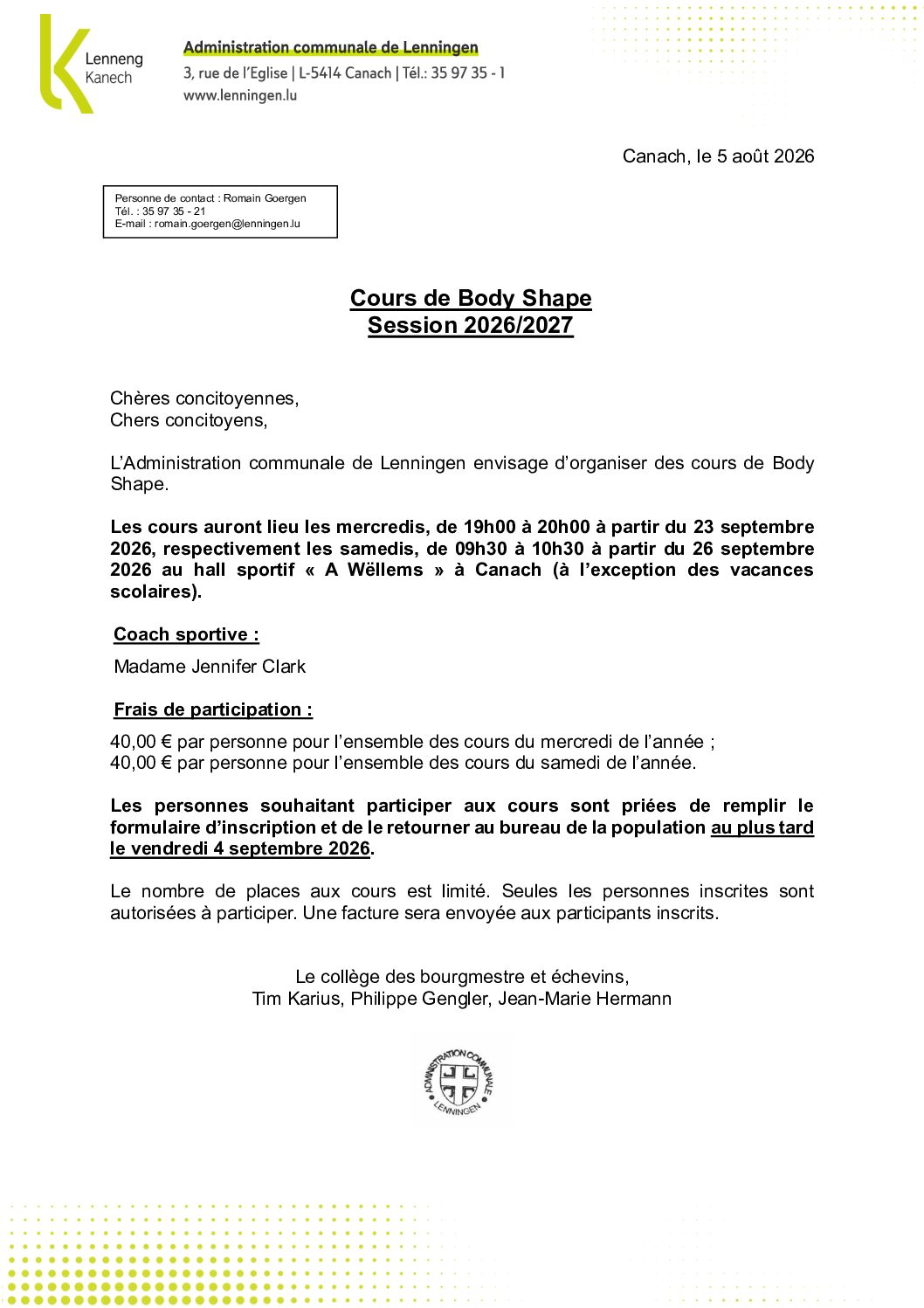 Inscriptions aux cours de Body Shape – Session 2026/2027