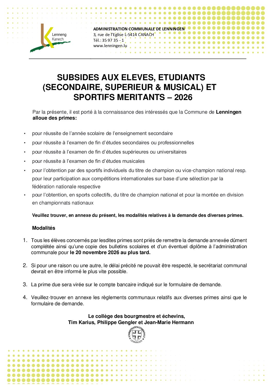 Avis et formulaires de demande relatifs aux primes d’encouragement pour l’année scolaire 2025/2026 (enseignement secondaire, supérieur et musical, ainsi que pour les sportifs méritants)