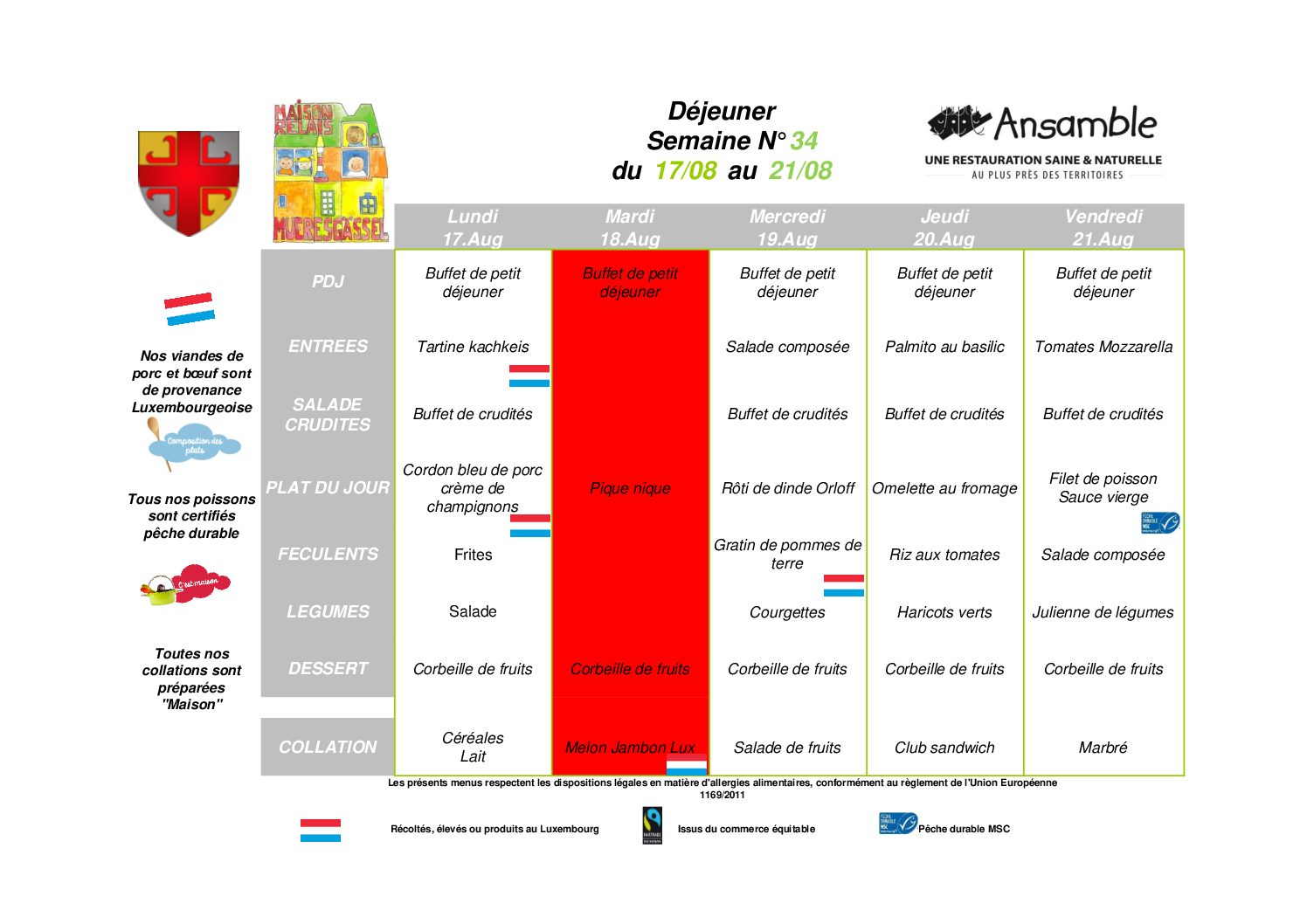 Maison Relais «Mueresgässel»: plan des repas du 17 août 2026 jusqu’au 24 octobre 2026 inclus