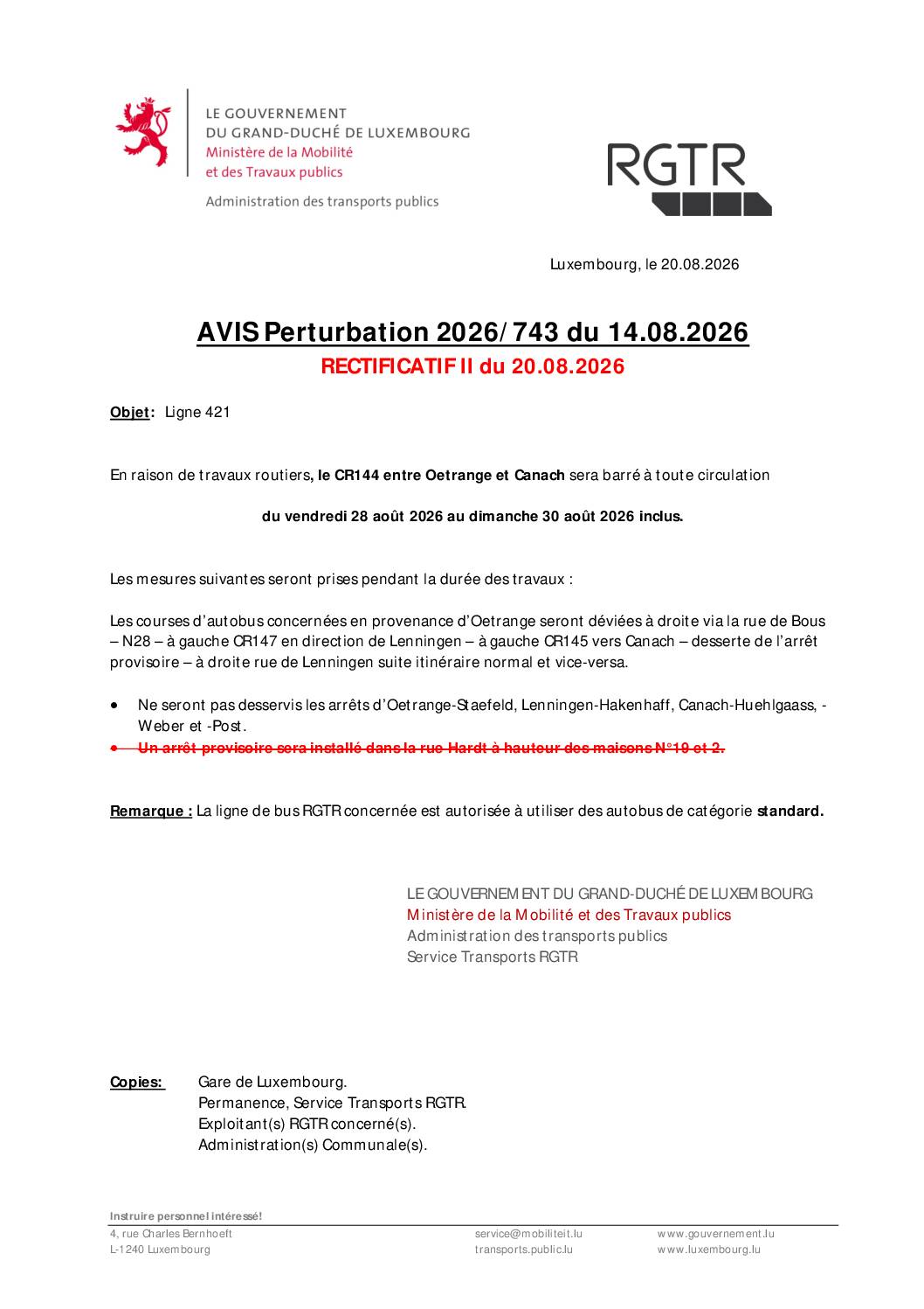 Rectificatif du 20.08.2026 – Perturbation RGTR entre Oetrange et Canach
