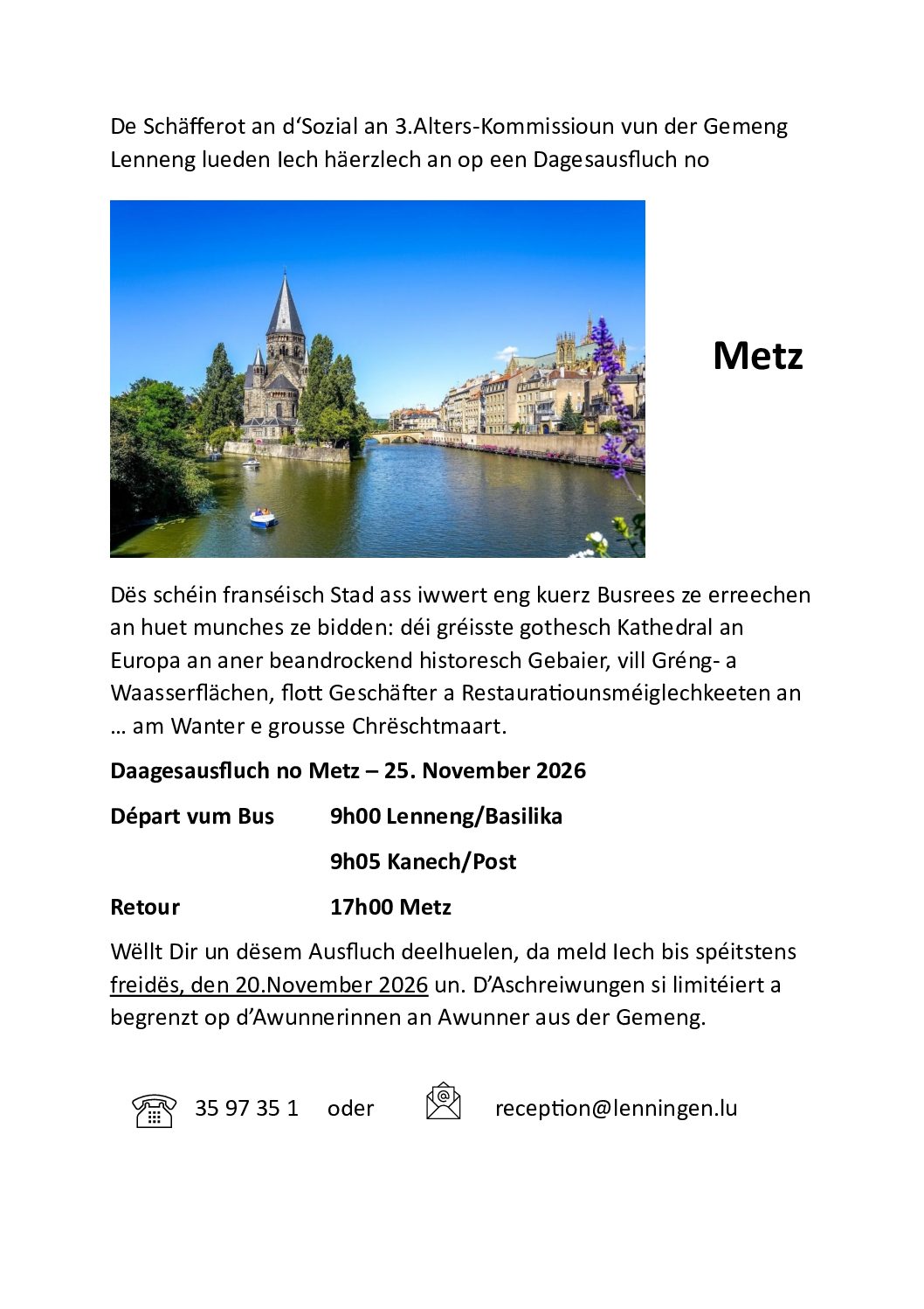 Informatiounen zum Ausfluch op Metz vum 25. November 2026 | Informations concernant l’excursion à Metz du 25 novembre 2026